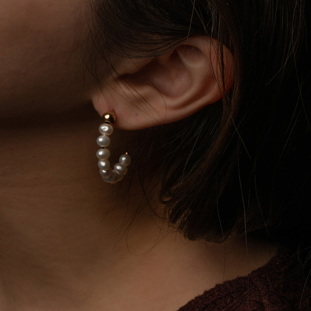 Golden Beaded and Pearl Hoop Earrings