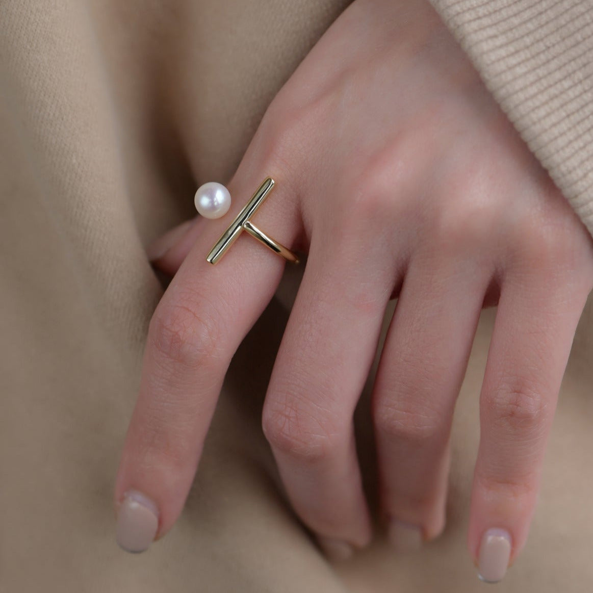 Gold T Pearl Adjustable Ring